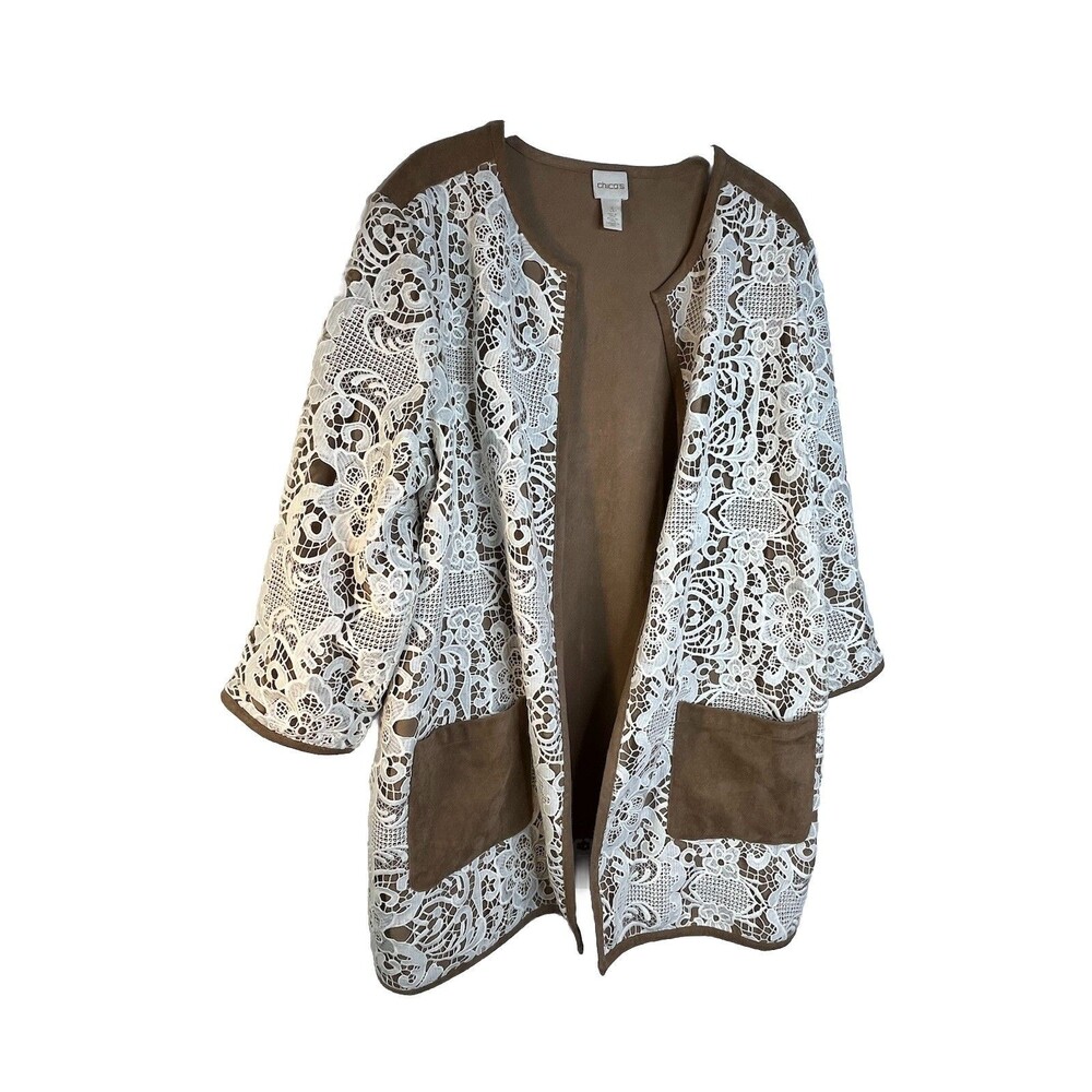 Chicos Boho Lace Suede Brown Top Blazer Jacket Blouse sz 3 / 16 XL  (15)